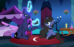 Size: 1268x815 | Tagged: safe, artist:themisslittledevil, princess luna, oc, oc:night dreams, alicorn, pony, unicorn, alternate hairstyle, base used, crown, female, horn ring, jewelry, magic, mare, mother and child, mother and daughter, parent and child, regalia, sitting