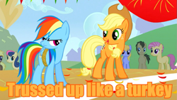 Size: 853x480 | Tagged: safe, derpibooru import, applejack, bon bon, candy mane, cloud kicker, coco crusoe, doctor whooves, rainbow dash, sweetie drops, earth pony, pegasus, pony, image macro, male, meme, orange text, stallion