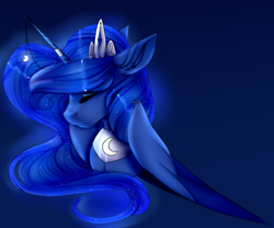 Size: 4800x4000 | Tagged: safe, artist:shalnor, artist:sheetanii, princess luna, alicorn, pony, absurd resolution, blue background, bust, crown, ear fluff, eyes closed, female, horn, horn jewelry, jewelry, mare, portrait, regalia, simple background, solo