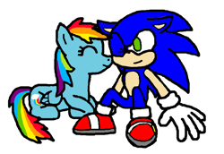 Size: 734x506 | Tagged: safe, artist:zookinator-hedgie, derpibooru import, rainbow dash, pegasus, pony, 1000 hours in ms paint, crossover, crossover shipping, eyes closed, female, interspecies, male, shipping, sitting, sonic the hedgehog, sonic the hedgehog (series), sonicdash, straight, wink