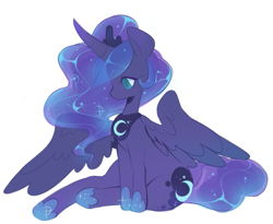 Size: 709x580 | Tagged: safe, artist:buljong, princess luna, alicorn, pony, curved horn, cute, female, hoof shoes, looking down, lunabetes, mare, simple background, sitting, solo, spread wings, white background, wings