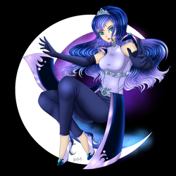 Size: 1600x1600 | Tagged: safe, artist:mdeltar, princess luna, human, clothes, crescent moon, evening gloves, gloves, humanized, jewelry, long gloves, looking at you, moon, solo, tiara