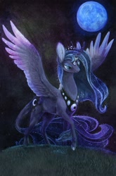Size: 846x1280 | Tagged: safe, artist:sparkynekomi, princess luna, alicorn, pony, acrylic painting, cloven hooves, curved horn, cutie mark, female, jewelry, leonine tail, mare, moon, night, regalia, solo, spread wings, traditional art, unshorn fetlocks, wings