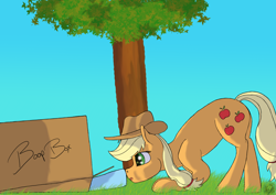 Size: 2338x1654 | Tagged: safe, artist:icecoldwulf, derpibooru import, applejack, rainbow dash, earth pony, pegasus, pony, :o, appledash, boop, boop box, cardboard box, cute, face down ass up, female, grass, lesbian, mare, open mouth, shipping, tree