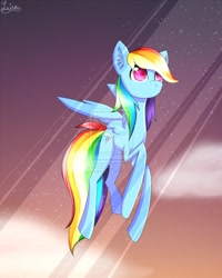 Size: 800x1000 | Tagged: safe, artist:lairai, rainbow dash, pegasus, pony, crepuscular rays, flying, solo