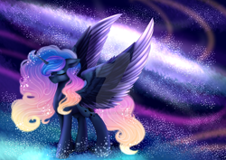 Size: 1024x727 | Tagged: safe, artist:shamy-crist, princess luna, alicorn, pony, alternate hairstyle, night, solo, stars, watermark