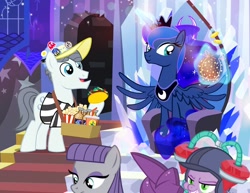 Size: 1000x773 | Tagged: safe, artist:pixelkitties, maud pie, princess luna, silver shill, spike, alicorn, dragon, pony, female, foam finger, food, glowing horn, magic, male, mare, popcorn, rock pouch, smiling, soda, stallion, taco