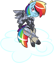 Size: 828x951 | Tagged: dead source, safe, artist:sweethd, rainbow dash, cyborg, pegasus, pony, amputee, augmented, cloud, female, konami, mare, metal gear, prosthetic limb, prosthetic wing, prosthetics, raiden, simple background, sitting, solo, sword, weapon, white background