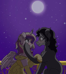 Size: 851x952 | Tagged: safe, artist:pastel-charms, king sombra, princess cadance, alicorn, pony, clothes, dress, female, infidelity, male, night, shipping, somdance, straight