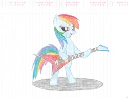 Size: 1024x786 | Tagged: safe, artist:rubixks, derpibooru import, rainbow dash, pegasus, pony, female, flying v, guitar, lined paper, mare, open mouth, shadow, solo, traditional art, wingless