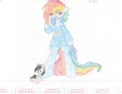 Size: 1024x786 | Tagged: safe, artist:rubixks, derpibooru import, daring do, rainbow dash, pegasus, pony, bipedal, bottomless, chest fluff, clothes, morning ponies, plushie, sleepy, trace, traditional art