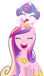 Size: 3000x5121 | Tagged: safe, artist:cloudyglow, princess cadance, princess flurry heart, alicorn, pony, road to friendship, baby, baby pony, cheering, cute, cutedance, eyes closed, female, flurrybetes, hoof shoes, mare, mother and child, mother and daughter, open mouth, parent and child, pony hat, raised hoof, simple background, transparent background, vector