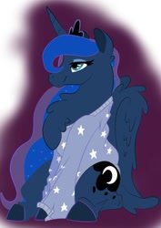 Size: 942x1333 | Tagged: dead source, safe, artist:hpbudgecraft, princess luna, alicorn, pony, chest fluff, clothes, cute, lunabetes, sitting, solo, sweater