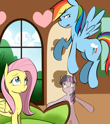 Size: 1500x1700 | Tagged: safe, artist:graphic-lee, fluttershy, rainbow dash, twilight sparkle, unicorn twilight, pegasus, pony, unicorn, blushing, commission, confession, cover art, fanfic, female, fluttershy's cottage (interior), flying, invisible, lesbian, mare, shipping, spell, twidash