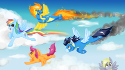 Size: 1024x576 | Tagged: safe, artist:shironiki, derpibooru import, edit, derpy hooves, rainbow dash, scootaloo, soarin', spitfire, pegasus, pony, backwards cutie mark, cropped, flying, friendship, scootaloo can fly, sky