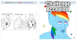 Size: 533x287 | Tagged: safe, derpibooru import, pinkie pie, rainbow dash, earth pony, pegasus, pony, too many pinkie pies, challenge accepted, exploitable meme, handsome squidward, image macro, juxtaposition, juxtaposition win, kturtle, the two faces of squidward