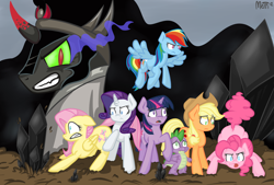 Size: 3550x2400 | Tagged: safe, artist:somnias, derpibooru import, applejack, fluttershy, king sombra, pinkie pie, rainbow dash, rarity, spike, twilight sparkle, dragon, earth pony, pegasus, pony, umbrum, unicorn, mane seven