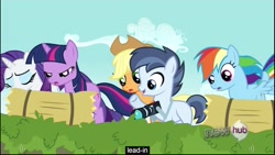 Size: 1920x1080 | Tagged: safe, derpibooru import, screencap, applejack, rainbow dash, rarity, shady daze, twilight sparkle, earth pony, pegasus, pony, unicorn, one bad apple, hay bale, youtube caption