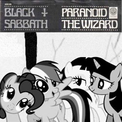 Size: 500x500 | Tagged: safe, derpibooru import, pinkie pie, rainbow dash, rarity, twilight sparkle, earth pony, pegasus, pony, unicorn, black sabbath, female, heavy metal, mare, metal, monochrome, paranoid, parody, ponified, ponified single cover, single cover