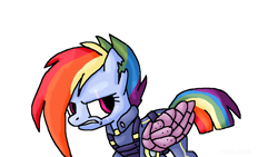 Size: 1280x720 | Tagged: safe, artist:mojo1985, derpibooru import, rainbow dash, pegasus, pony, the cutie re-mark, amputee, apocalypse dash, artificial wings, augmented, clothes, crystal war timeline, glare, gritted teeth, mechanical wing, prosthetic limb, prosthetic wing, prosthetics, scar, torn ear, uniform, wings