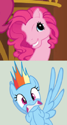 Size: 424x792 | Tagged: safe, derpibooru import, edit, edited screencap, screencap, pinkie pie, rainbow dash, earth pony, pegasus, pony, g3, too many pinkie pies, clone, cropped, evil, female, g4 to g3, generation leap, gritted teeth, mare, meta, pinkie blind, pinkie clone, scared