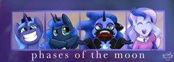 Size: 2680x950 | Tagged: safe, artist:midnightpremiere, nightmare moon, princess luna, vice principal luna, alicorn, anthro, pony, equestria girls, duckface, fingers, lunar phases, lunar trinity, pun, s1 luna, self ponidox, solo, sweat, sweatdrop, visual pun