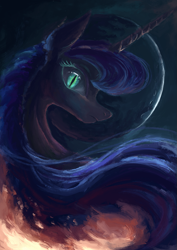 Size: 791x1118 | Tagged: safe, artist:plainoasis, princess luna, alicorn, pony, bust, female, looking at you, mare, moon, nightmare luna, portrait, profile, slit eyes, solo