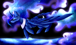 Size: 1700x1000 | Tagged: safe, artist:purediamond360, princess luna, alicorn, pony, curved horn, eyes closed, female, flying, solo, wings