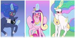 Size: 2419x1250 | Tagged: safe, artist:arareroll, princess cadance, princess celestia, princess luna, alicorn, pony, blushing, cute, female, floppy ears, glowing horn, levitation, magic, open mouth, pregnancy test, pregnant, raised hoof, shocked, surprised, telekinesis, trio