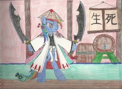 Size: 2336x1696 | Tagged: safe, artist:snowblitz227, rainbow dash, pegasus, pony, barrel, bipedal, bleach (manga), crossover, female, hat, mare, ponified, shunsui kyoraku, solo, sword, traditional art, weapon