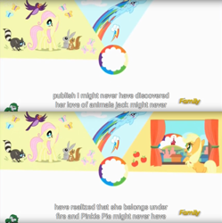 Size: 1910x1920 | Tagged: safe, derpibooru import, screencap, applejack, fluttershy, rainbow dash, earth pony, pegasus, pony, the cutie re-mark, discovery family logo, meme, youtube caption