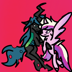 Size: 768x768 | Tagged: safe, artist:ashleybearteamisbest, princess cadance, queen chrysalis, alicorn, changeling, changeling queen, pony, cadalis, female, hug, infidelity, lesbian, mare, pink background, shipping, simple background