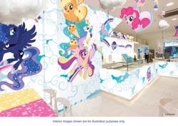 Size: 768x543 | Tagged: safe, applejack, pinkie pie, princess cadance, princess celestia, princess luna, twilight sparkle, twilight sparkle (alicorn), alicorn, earth pony, pony, cafe, missing accessory, my little pony logo, singapore