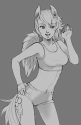 Size: 600x928 | Tagged: safe, artist:nesoun, rainbow dash, belly button, clothes, cutie mark, eared humanization, humanized, midriff, monochrome, solo, sports bra, tailed humanization, winged humanization