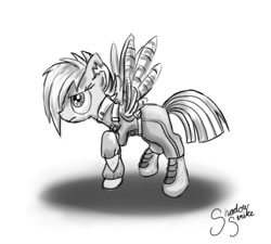 Size: 679x611 | Tagged: safe, artist:shadow strike, derpibooru import, rainbow dash, cyborg, pegasus, pony, the cutie re-mark, alternate hairstyle, apocalypse dash, clothes, monochrome, scar, solo, torn ear