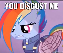 Size: 752x634 | Tagged: safe, derpibooru import, screencap, rainbow dash, pegasus, pony, the cutie re-mark, amputee, apocalypse dash, armor, artificial wings, augmented, crystal war timeline, image macro, injured, mechanical wing, meme, prosthetic limb, prosthetic wing, prosthetics, reaction image, scar, solo, war, wings