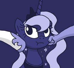 Size: 592x545 | Tagged: safe, artist:manulis, discord, princess luna, alicorn, pony, :t, blue background, bust, cheek squish, cute, female, filly, glare, implied princess celestia, looking at you, lunabetes, monochrome, portrait, puffy cheeks, simple background, solo focus, squishy cheeks, unamused, woona, younger