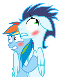 Size: 3620x4513 | Tagged: safe, artist:artitsmagic, rainbow dash, soarin', pegasus, pony, blushing, female, hug, male, shipping, soarindash, straight