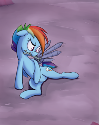 Size: 791x1001 | Tagged: safe, artist:blastdown, derpibooru import, rainbow dash, pegasus, pony, the cutie re-mark, alternate timeline, amputee, apocalypse dash, artificial wings, augmented, crystal war timeline, maintenance, mechanical wing, mouth hold, prosthetic limb, prosthetic wing, prosthetics, solo, wings, wrench