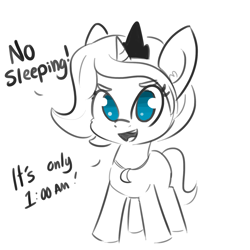 Size: 1650x1650 | Tagged: safe, artist:tjpones, princess luna, alicorn, pony, cute, dialogue, ear fluff, female, filly, jewelry, looking at you, lunabetes, necklace, no pupils, open mouth, partial color, regalia, simple background, sleep is for the weak, smiling, solo, white background, wingless, woona, younger