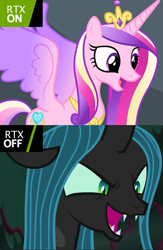 Size: 939x1439 | Tagged: safe, princess cadance, queen chrysalis, alicorn, changeling, changeling queen, pony, equestria games (episode), the mean 6, comparison, cute, cutealis, cutedance, duo, duo female, female, glare, happy, mare, meme, nvidia, open mouth, rtx, smiling, smirk, spread wings, wings