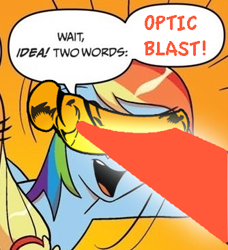 Size: 334x366 | Tagged: safe, rainbow dash, earth pony, pegasus, pony, blonde mane, blue coat, blue wings, cyclops (marvel comics), dialogue, exploitable meme, female, mare, meme, multicolored hair, open mouth, optic blast, orange background, raised hoof, raised leg, simple background, smiling, speech bubble, two words meme, underhoof, visor, wings, x-men