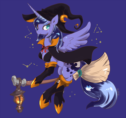 Size: 1280x1201 | Tagged: safe, artist:grimbloody, princess luna, alicorn, anthro, unguligrade anthro, arm hooves, breasts, broom, cape, cleavage, clothes, colored pupils, constellation, female, flying, flying broomstick, lantern, looking at you, mare, purple background, signature, simple background, smiling, solo, witch