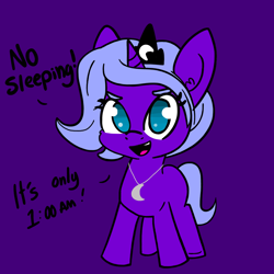 Size: 1024x1024 | Tagged: safe, artist:tjpones, edit, princess luna, alicorn, pony, colored, cute, dialogue, ear fluff, female, filly, jewelry, looking at you, lunabetes, necklace, open mouth, palindrome get, purple background, regalia, simple background, sleep is for the weak, smiling, solo, tjpones is trying to murder us, wingless, woona, younger