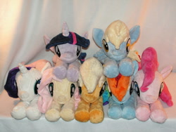 Size: 900x675 | Tagged: safe, artist:karasunezumi, derpibooru import, applejack, derpy hooves, fluttershy, pinkie pie, rainbow dash, rarity, twilight sparkle, pony, beanie (plushie), irl, mane six, photo, plushie