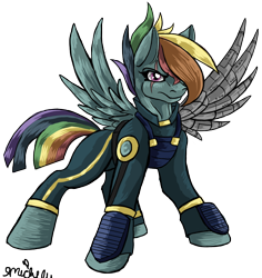 Size: 1364x1443 | Tagged: safe, artist:wildheart-wolfsong, derpibooru import, rainbow dash, pegasus, pony, the cutie re-mark, alternate timeline, apocalypse dash, armor, crystal war timeline, hair over one eye, prosthetic limb, scar, signature, soldier, solo