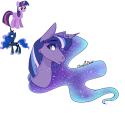 Size: 768x768 | Tagged: safe, artist:doodlepaintdraws, princess luna, twilight sparkle, twilight sparkle (alicorn), oc, alicorn, pony, bust, female, fusion, portrait, simple background, twiluna, white background