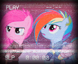 Size: 1280x1050 | Tagged: safe, artist:sandwichdelta, artist:sandwichhorsearchive, derpibooru import, edit, edited screencap, screencap, pinkie pie, rainbow dash, earth pony, pegasus, pony, the cutie re-mark, 80s, alternate hairstyle, alternate timeline, alternate universe, amputee, apinkalypse pie, apocalypse dash, artificial wings, augmented, chromatic aberration, crystal war timeline, cyberpunk, pinkamena diane pie, prosthetic limb, prosthetic wing, prosthetics, vcr, wings