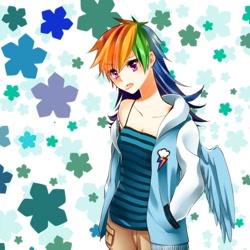 Size: 600x600 | Tagged: safe, artist:lamidien, rainbow dash, :p, clothes, humanized, jacket, solo, tongue out, winged humanization