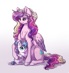 Size: 2161x2269 | Tagged: safe, artist:marbola, princess cadance, princess flurry heart, alicorn, pony, cute, female, filly, fluffy, flurrybetes, mama cadence, mare, mother and child, mother and daughter, parent and child, pregdance, pregnant